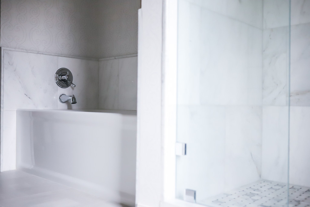 Alcove bathtub - mid-sized transitional master white tile and marble tile ceramic tile and gray floor alcove bathtub idea with gray walls, beaded inset cabinets, white cabinets, a two-piece toilet, an undermount sink, quartzite countertops and a hinged shower door