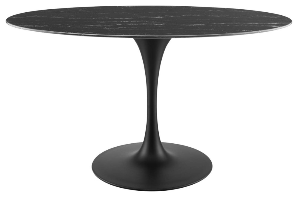 Lippa 54" Artificial Marble Oval Dining Table Black Black Midcentury