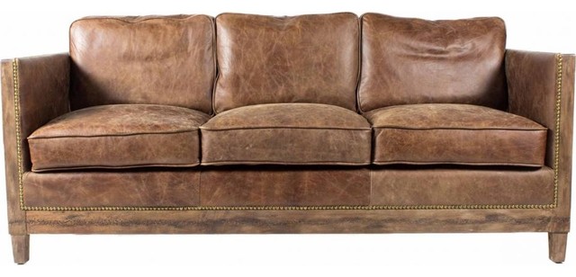 72 W Winchester Sofa Distressed Top Grain Leather Exposed Tack Detail Wood Legs