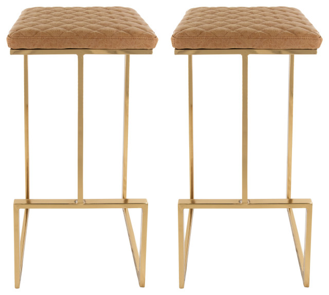 LeisureMod Quincy Leather Bar Stools With Gold Metal Frame Set of 2