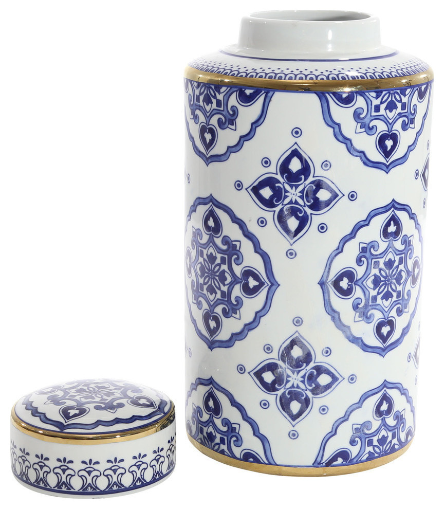Sagebrook Home White/Blue Jar With Gold Detail, 16"