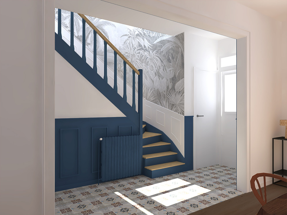 На фото: прихожая среднего размера в стиле ретро с синими стенами, одностворчатой входной дверью и обоями на стенах