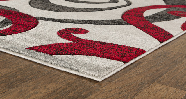Red Grey Swirls Hand-Carved Soft Living Room Modern Contemporary Area Rug, 5' X