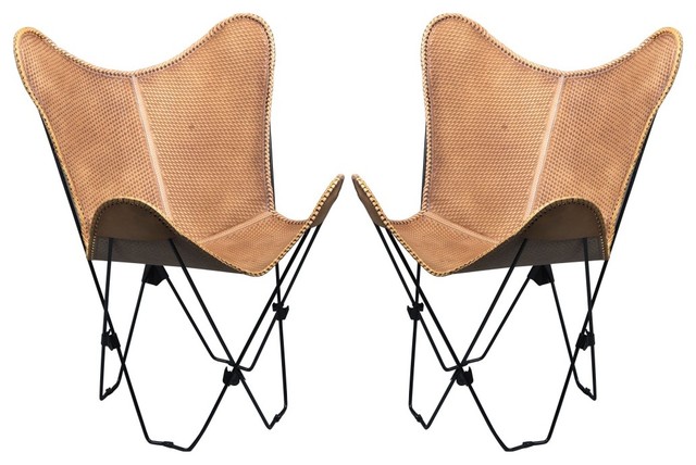 Pair, Genuine Leather Butterfly Chair Folding Lounge Modern Sling Accent Seat - Contemporary 