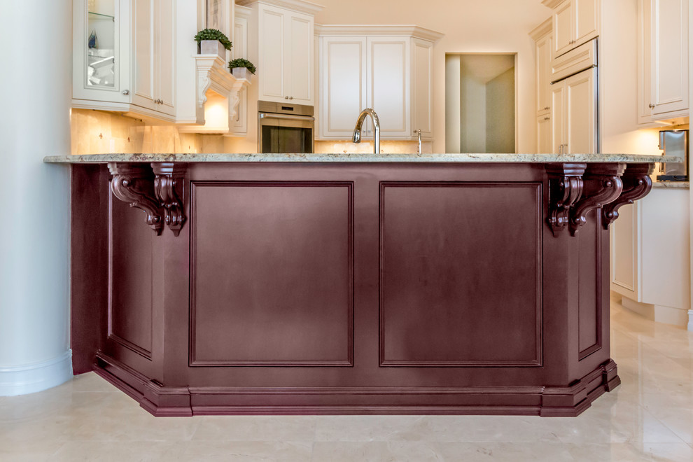 Example of a large transitional u-shaped marble floor kitchen design in Miami with a single-bowl sink, shaker cabinets, white cabinets, granite countertops, beige backsplash, ceramic backsplash, stainless steel appliances and an island