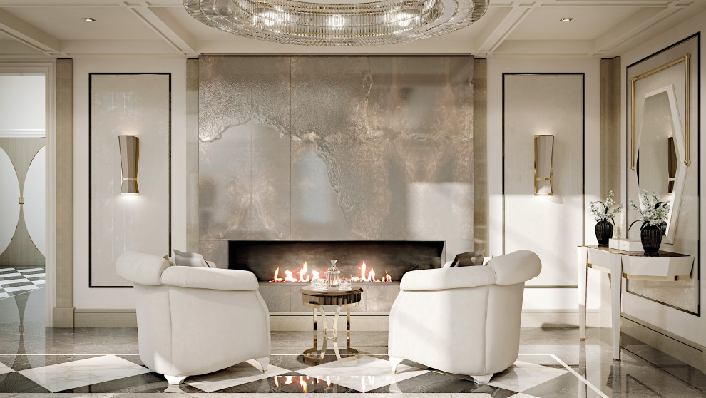 Ispirazione per un grande soggiorno design con pareti beige, pavimento in marmo, pavimento marrone e boiserie