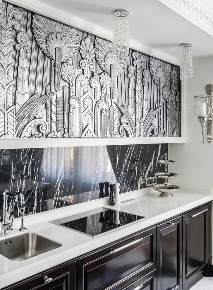 Traditional single-wall separate kitchen in Saint Petersburg with an undermount sink, black splashback, marble floors and with island.