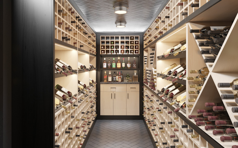 Contemporary wine cellar in Edmonton with ceramic floors and black floor.