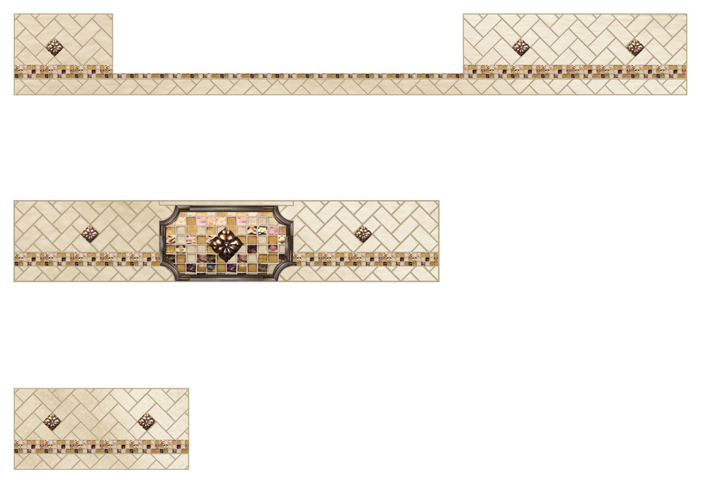 Example of a transitional home design design in Chicago with beige backsplash, ceramic backsplash and an island
