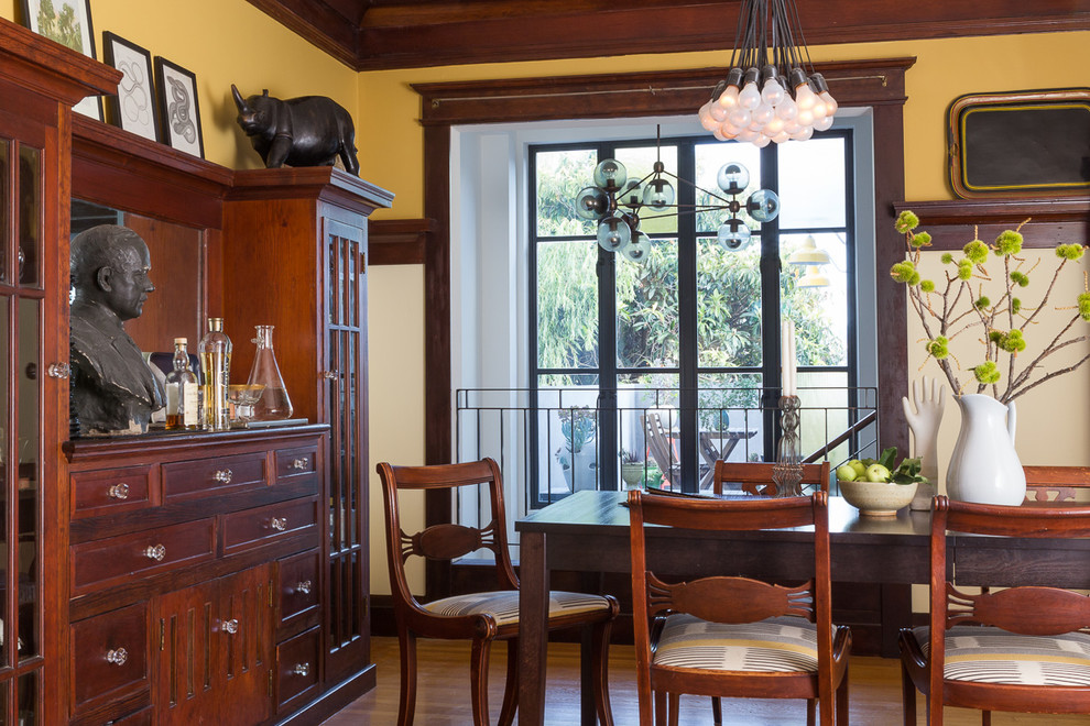 Mid-sized eclectic separate dining room in San Francisco with yellow walls and medium hardwood floors.