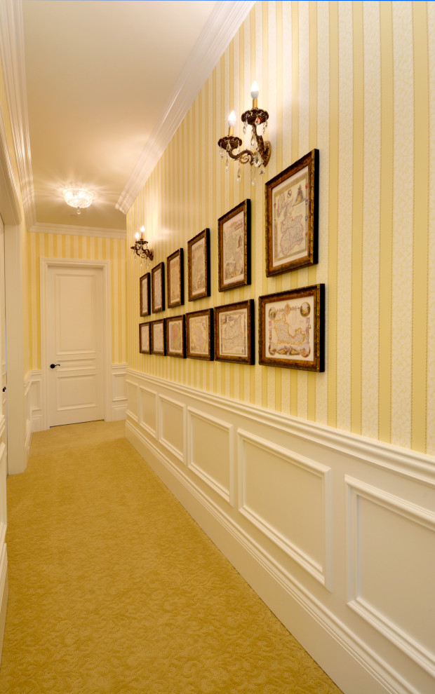 Mid-sized traditional hallway in Seattle with multi-coloured walls and marble floors.