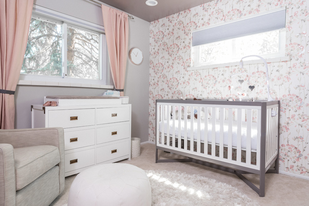 Inspiration for a transitional nursery for girls in Denver with multi-coloured walls, carpet and beige floor.
