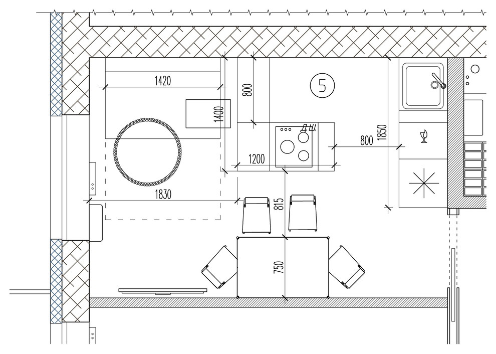 ЖК Белорецкий (план кухни-гостиной 13,1м2)