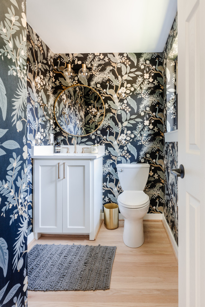 Inspiration for a transitional wallpaper powder room remodel in Dallas with shaker cabinets, white cabinets and a built-in vanity