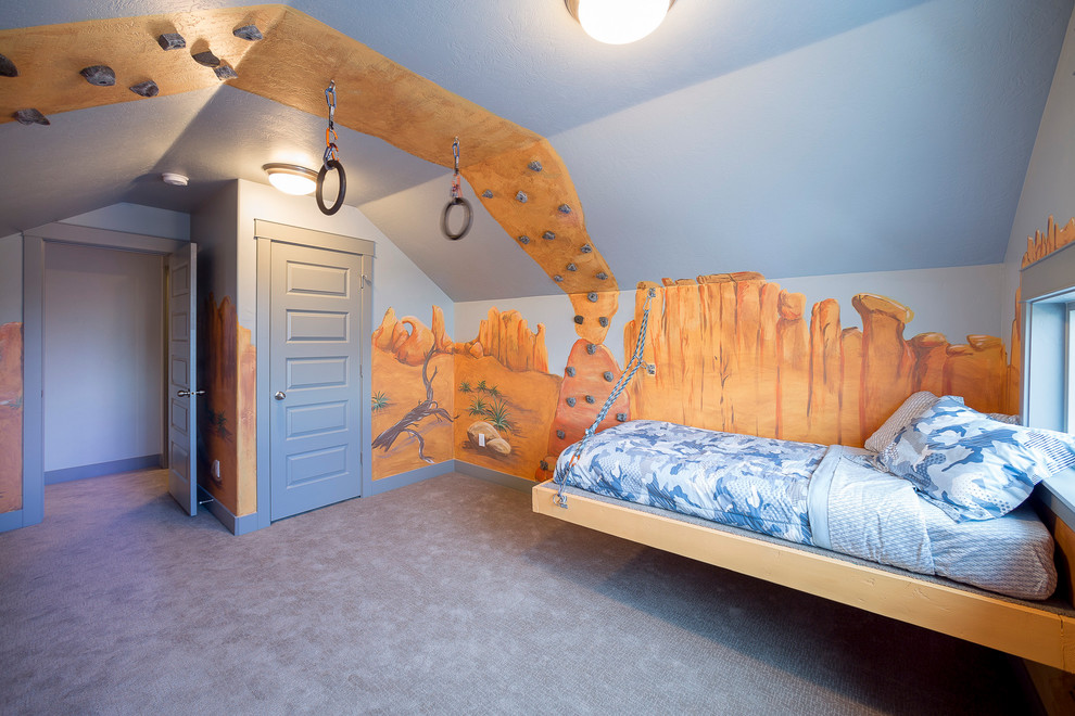 This is an example of a mid-sized eclectic kids' bedroom for kids 4-10 years old and boys in Salt Lake City with multi-coloured walls, carpet and grey floor.