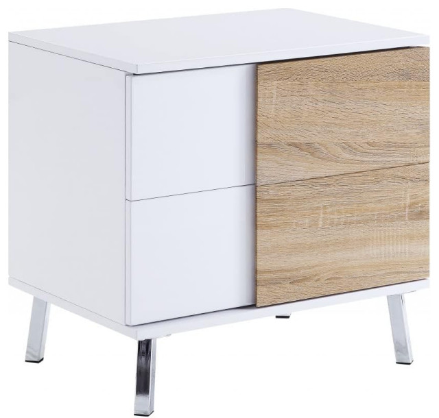 Contemporary End Table, Silver Metal Legs With Storage Drawers, White