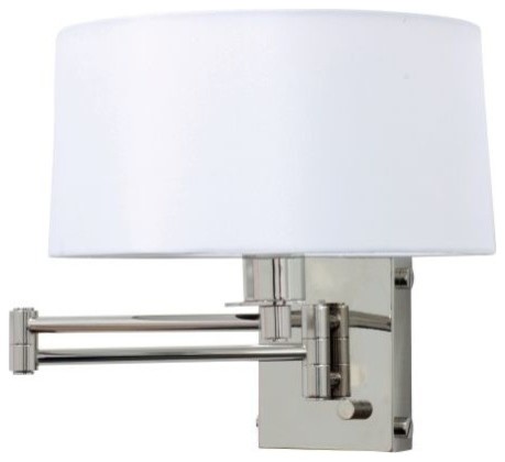 Swing Arm Wall Lamp, Polished Nickel With White Linen Hardback
