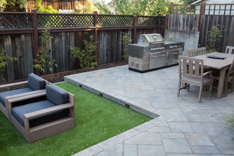 Small transitional backyard patio in San Francisco with an outdoor kitchen, concrete pavers and no cover.