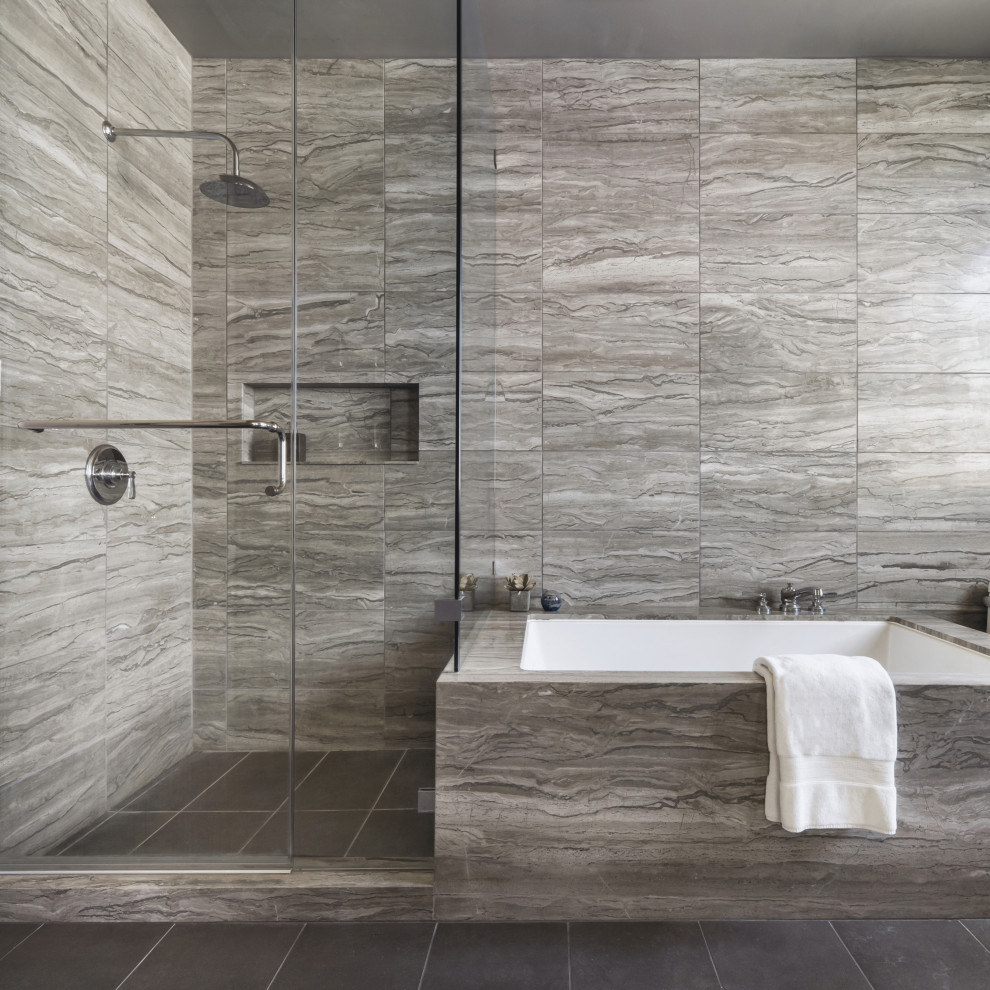 Medium sized contemporary sauna bathroom in San Francisco with flat-panel cabinets, grey cabinets, a built-in bath, a shower/bath combination, a one-piece toilet, marble flooring, a submerged sink, granite worktops, a hinged door, a single sink and a built in vanity unit.