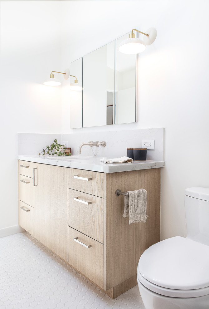 Example of a mid-sized danish 3/4 mosaic tile floor and white floor bathroom design in San Francisco with flat-panel cabinets, light wood cabinets, white walls, an undermount sink, quartzite countertops and gray countertops