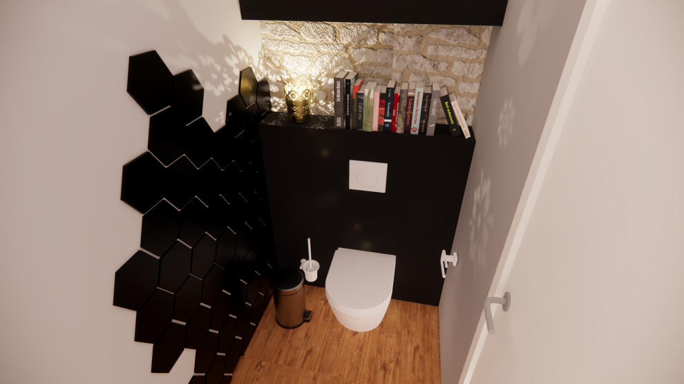 This is an example of a mid-sized contemporary powder room in Dijon with a wall-mount toilet, black tile, ceramic tile, white walls, plywood floors and brown floor.
