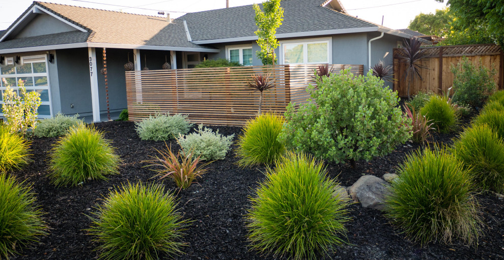 Inspiration for a large contemporary front yard full sun xeriscape in San Francisco with with flowerbed and a wood fence.
