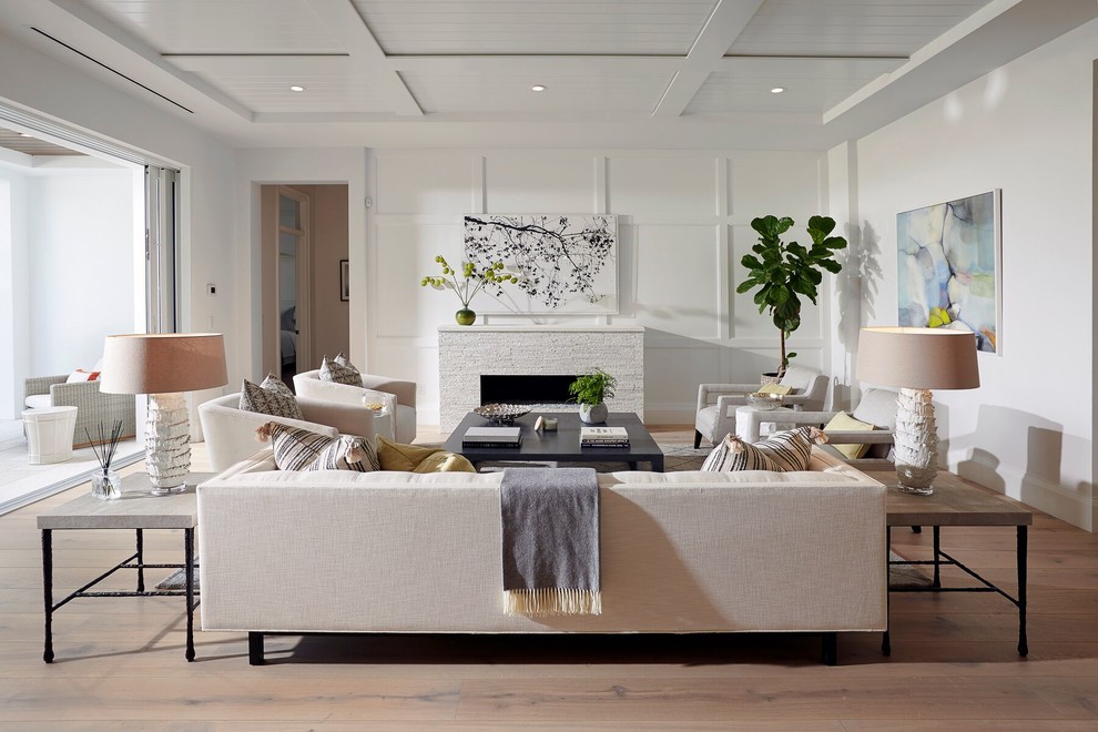 Inspiration for a transitional living room in Miami with white walls, medium hardwood floors, a ribbon fireplace and brown floor.