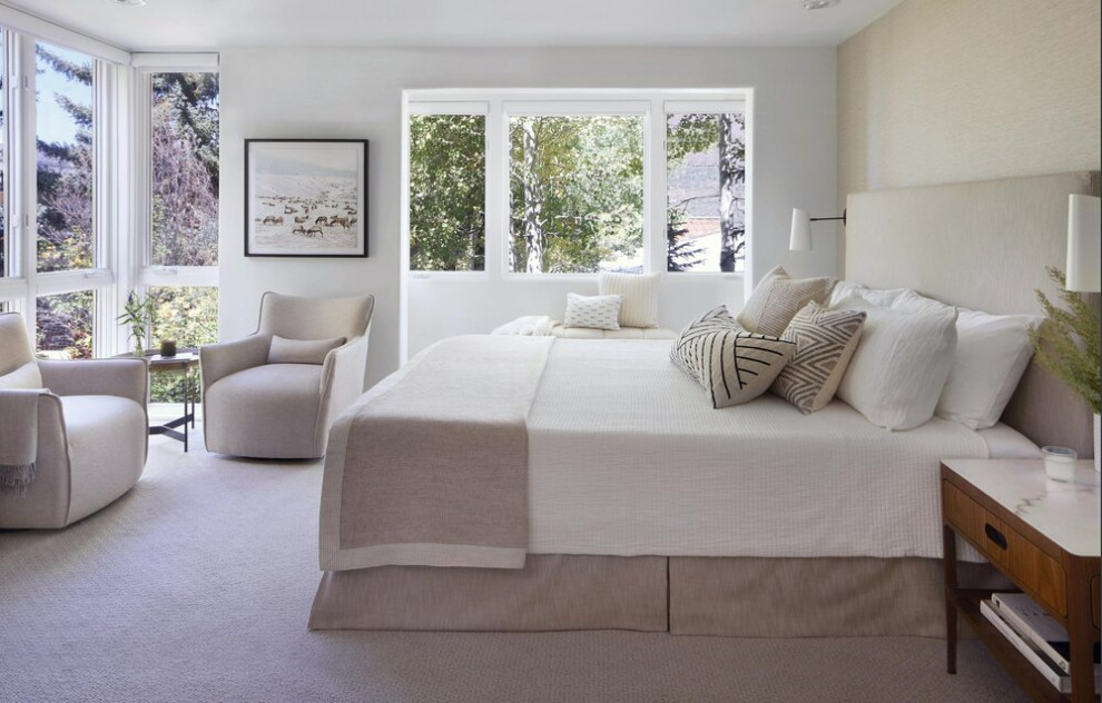 Стильный дизайн: хозяйская спальня среднего размера в современном стиле с разноцветными стенами и ковровым покрытием без камина - последний тренд