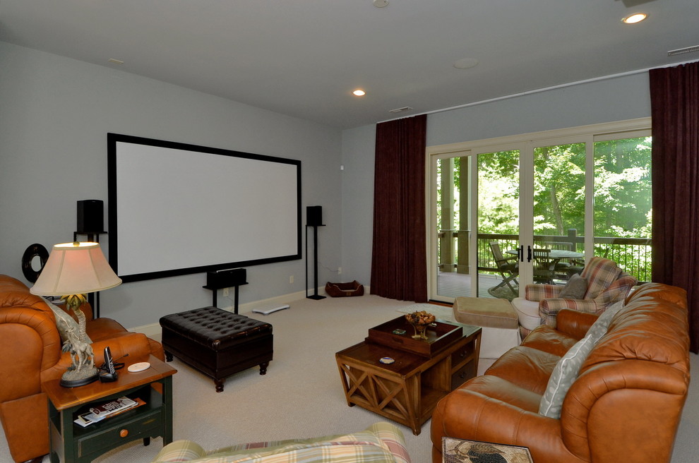 This is an example of a large modern loft-style family room in Other with blue walls and a wall-mounted tv.