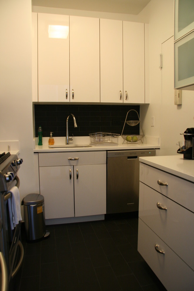 Photo of a small modern l-shaped separate kitchen in New York with an undermount sink, flat-panel cabinets, white cabinets, quartz benchtops, black splashback, stainless steel appliances, no island and dark hardwood floors.