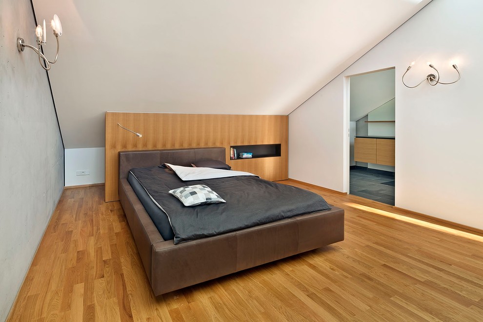 Photo of a large contemporary master bedroom in Stuttgart with white walls, medium hardwood floors and no fireplace.