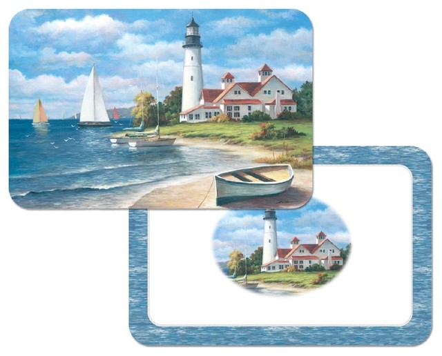 Reversible Plastic Wipe Clean Placemats, Lighthouse Mural, Set of 4