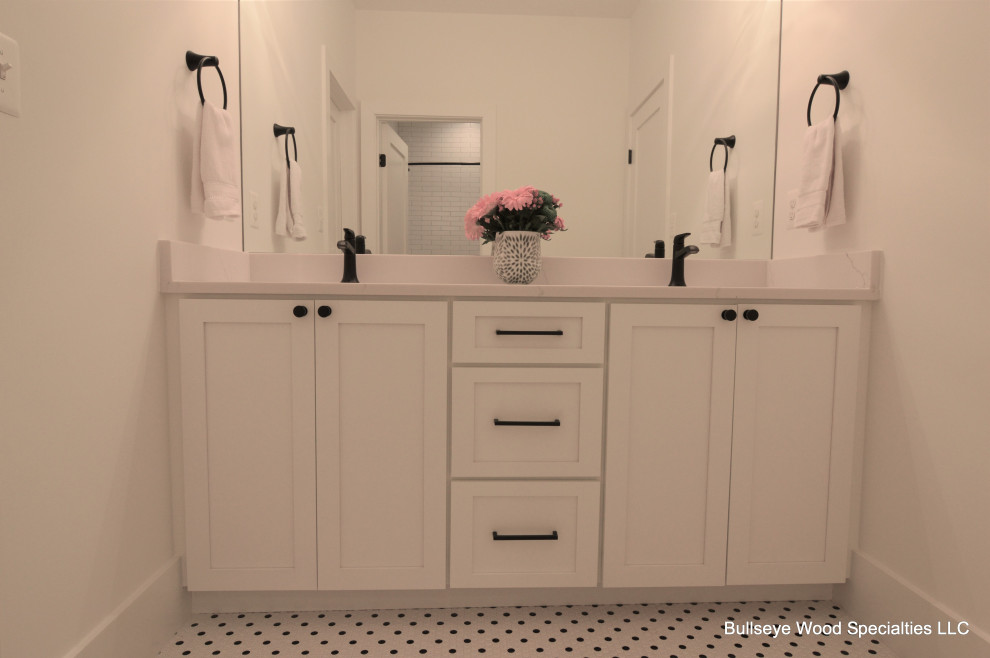 Photo of a medium sized traditional family bathroom in DC Metro with shaker cabinets, white cabinets, a submerged sink, engineered stone worktops, grey worktops, double sinks and a built in vanity unit.