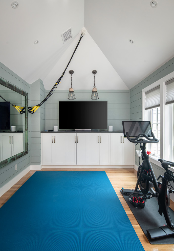 Inspiration for a large transitional home gym in Boston.