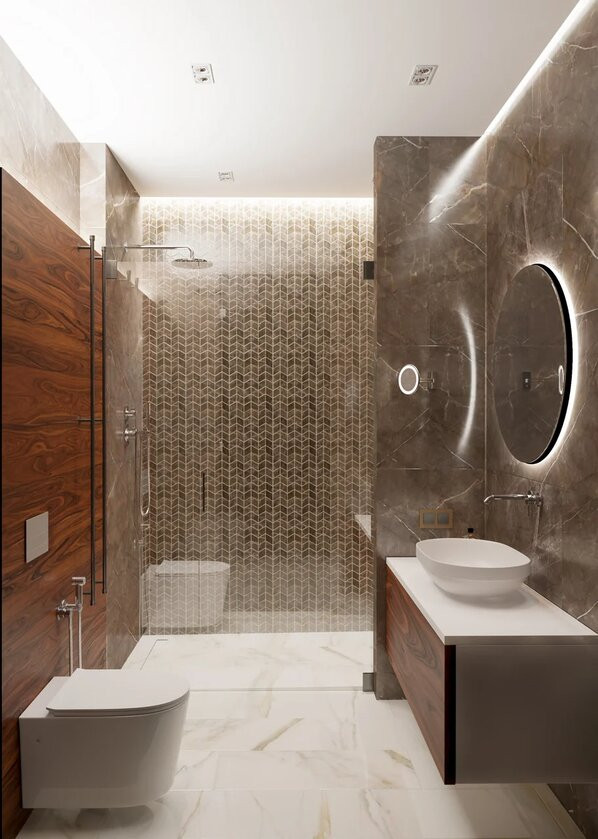 Сочетание материалов в ванной комнате