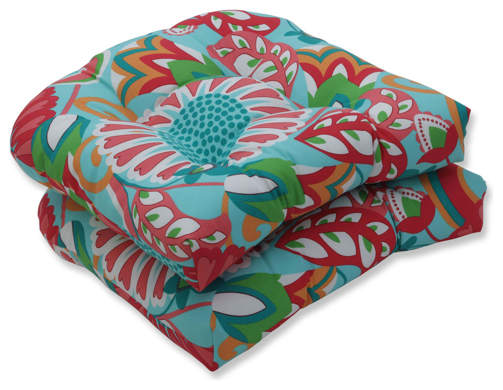 Pillow Perfect Outdoor Veranda Turquoise Wicker Seat Cushion Set of 2