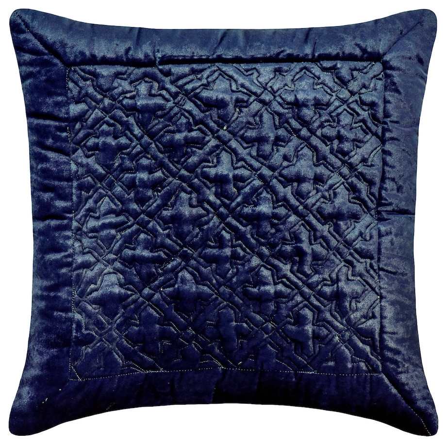Blue Velvet Quilted, Geometric Trellis 14"x14" Pillow Cover Navy Enriched