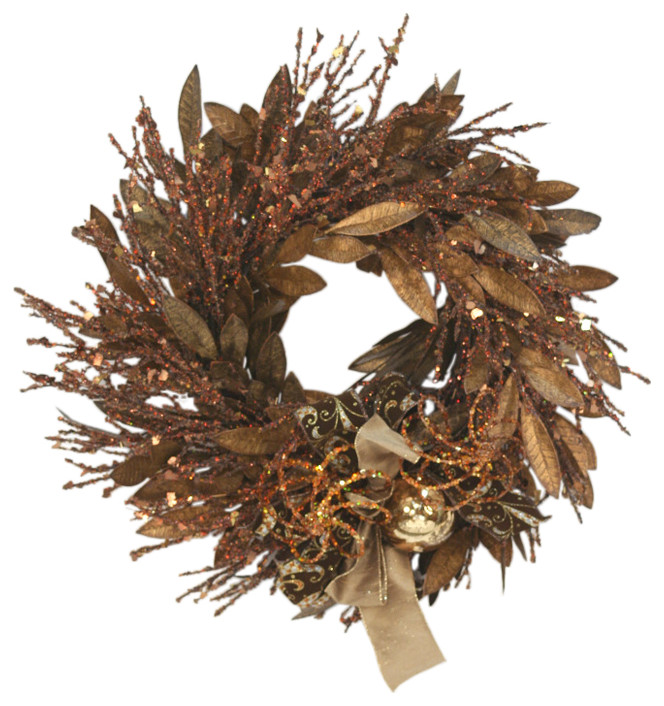 Glittered Brown and Gold Bay Leaf Wreath with Glass Ornaments Wreaths