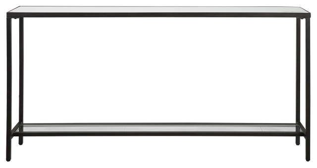 Classic Minimalist Black Steel Console Table 60" Wide Mirror Top Glass Shelf