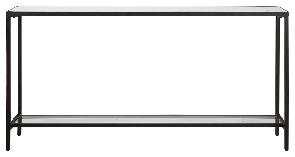 Classic Minimalist Black Steel Console Table 60" Wide Mirror Top Glass Shelf