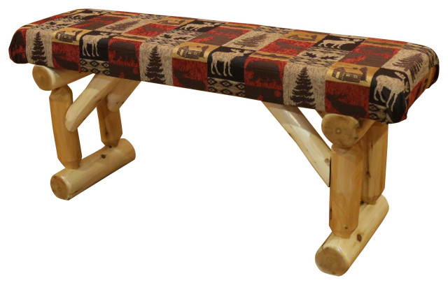 White Cedar Log Upholstered Dining Bench, Fairbanks Red, 5 Foot