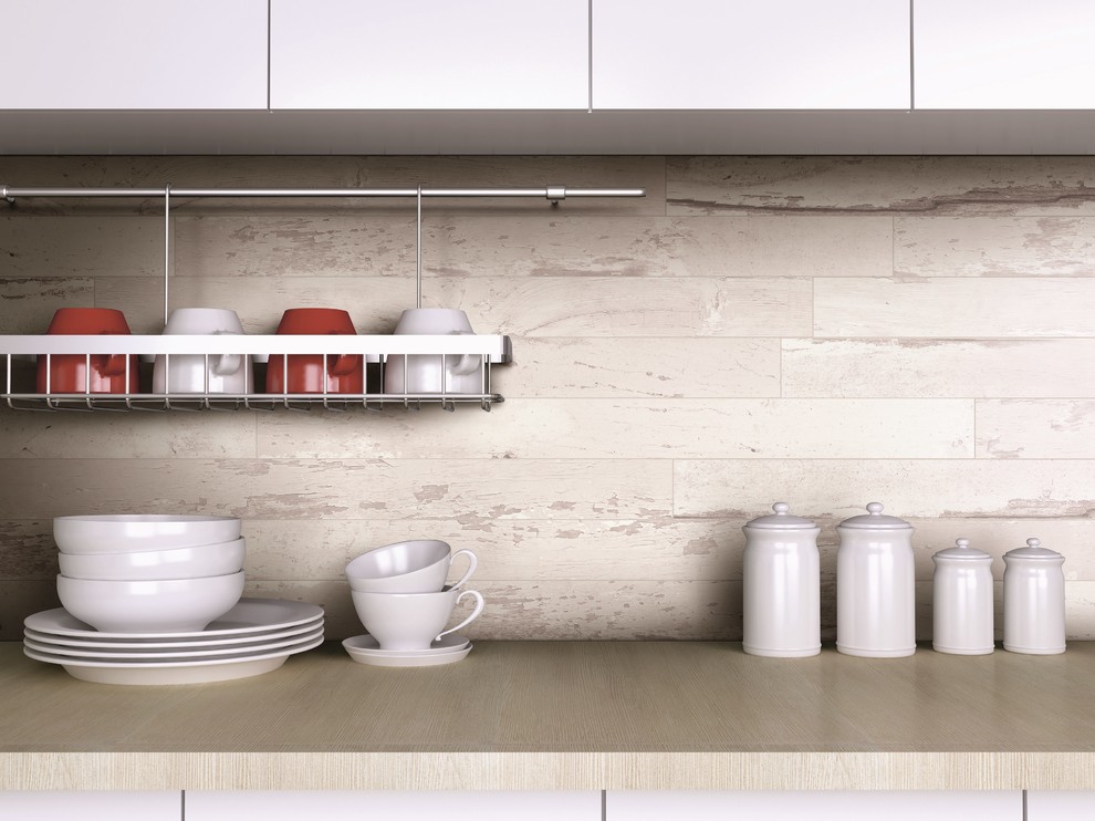 Mountain style kitchen photo in Denver with flat-panel cabinets and white cabinets