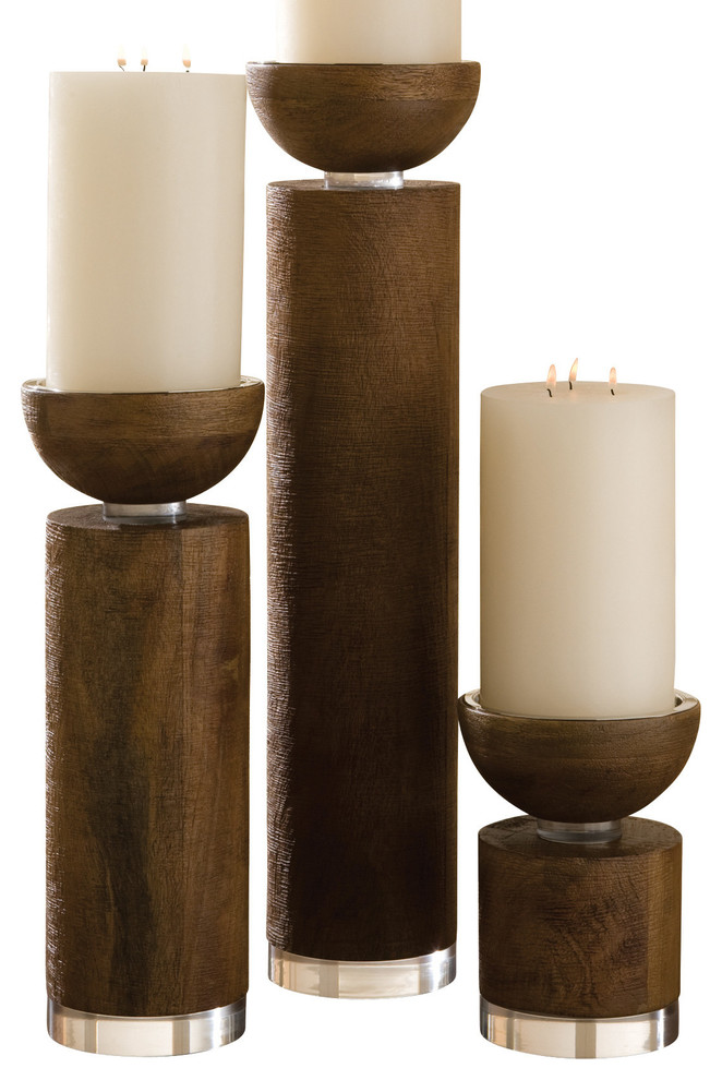 Scratched Pillar Candleholder, Brown, Small