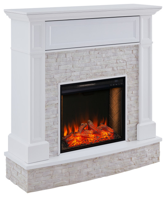 Jackson Smart Media Fireplace with Faux Stone, White Transitional