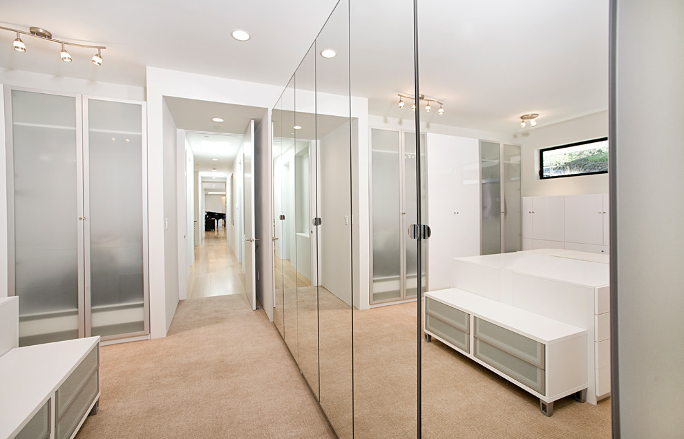 Large contemporary gender-neutral walk-in wardrobe in San Francisco with glass-front cabinets, white cabinets and carpet.