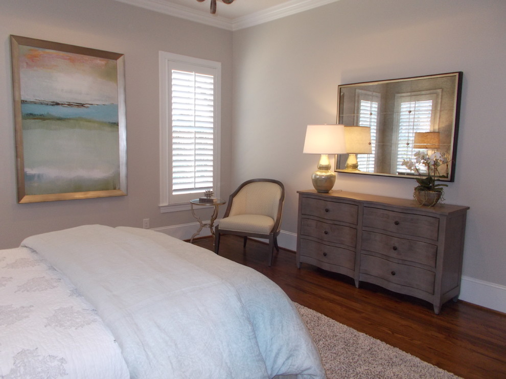 Inspiration for a mid-sized transitional master bedroom in Other with beige walls, dark hardwood floors and brown floor.
