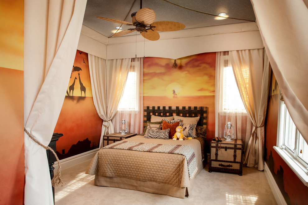 Traditional gender-neutral kids' bedroom in Orlando with multi-coloured walls and carpet for kids 4-10 years old.