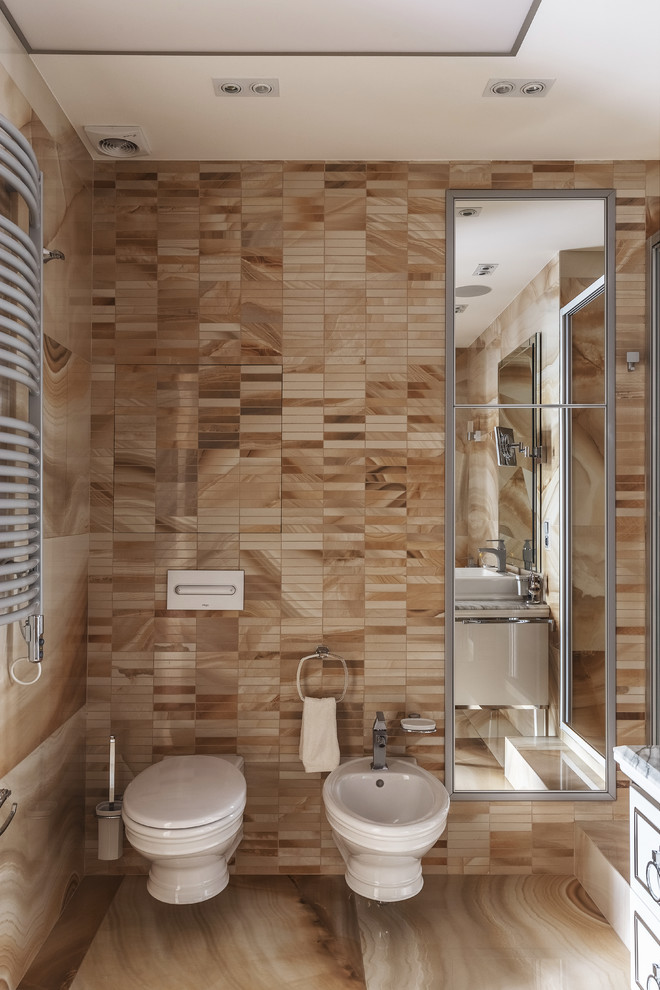 Contemporary 3/4 bathroom in Moscow with beige tile, beige floor, white cabinets, a wall-mount toilet, matchstick tile, beige walls, grey benchtops and recessed-panel cabinets.