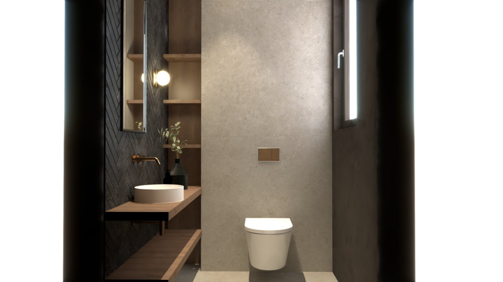 This is an example of a small modern cloakroom in Dresden with brown cabinets, a two-piece toilet, grey tiles, stone tiles, grey walls, a vessel sink, wooden worktops, brown worktops and a floating vanity unit.