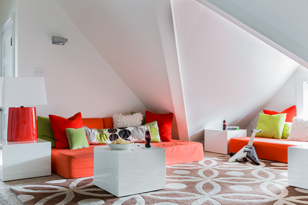 Photo of a mid-sized contemporary gender-neutral kids' room in Boston with white walls, carpet and beige floor.